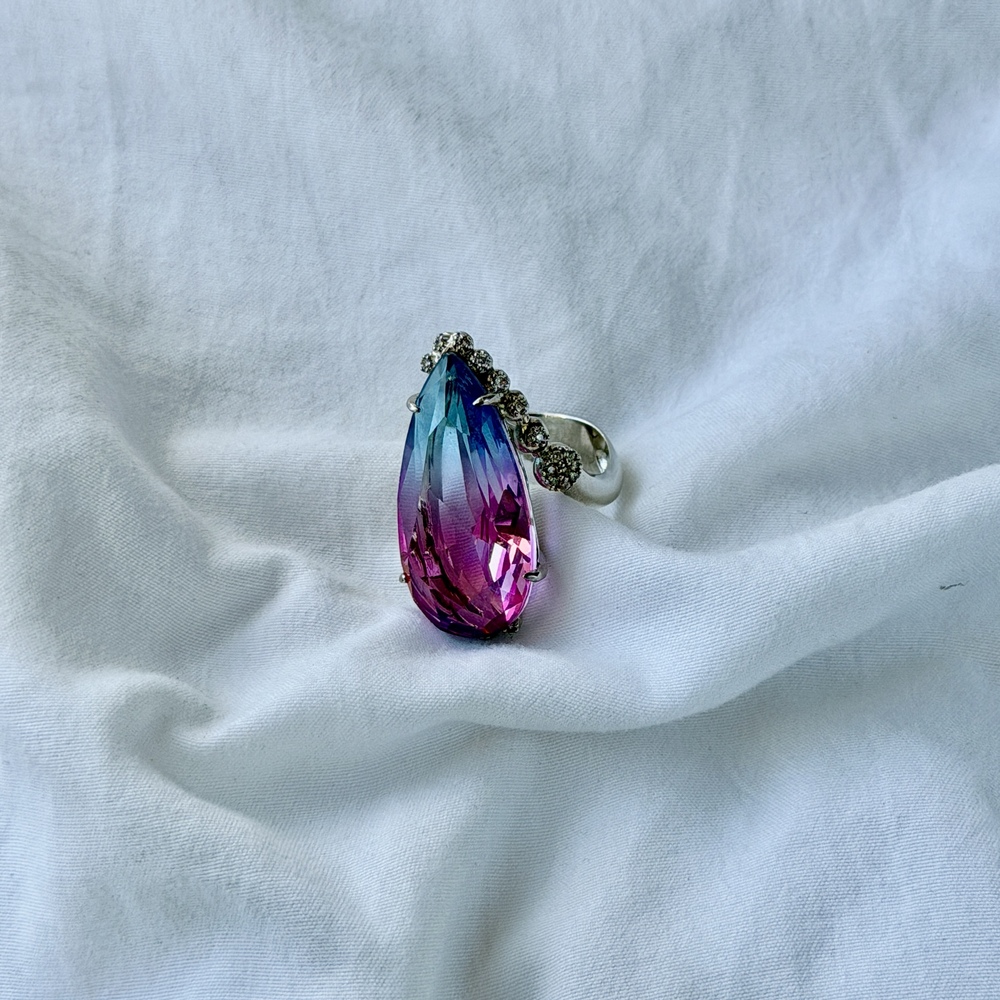 Dual Color Stone Ring - Blue/Pink - Silver Plated - Size 8